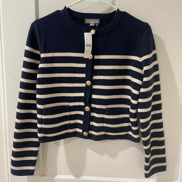 J.Crew Emilie sweater lady jacket in stripe small navy Moroccan sand - Picture 2 of 3